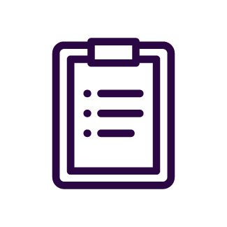 Icon of a clipboard with a checklist, displaying two items with bullet points, outlined in dark purple.