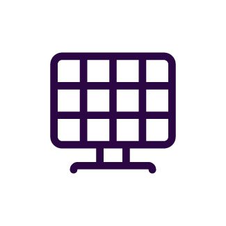 Icon of a grid-like panel on a stand, resembling a solar panel, depicted in dark purple on a white background.
